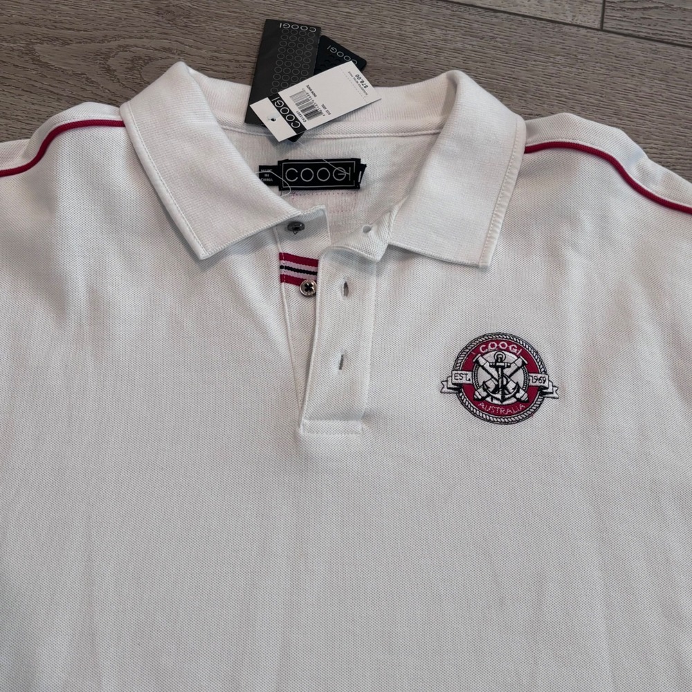 Coogi Polo Shirt Mens XXXL White Red Piping Nautical Crest Cotton Pique New